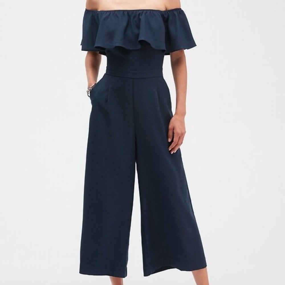 Banana Republic Off-Shoulder Culotte Ruffle Jumpsuit Navy